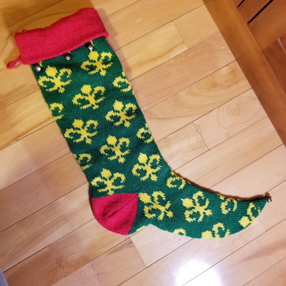 26" Christmas Stocking Whimsical Fleur-de-lis Bells Knit Jester Maximalist Big